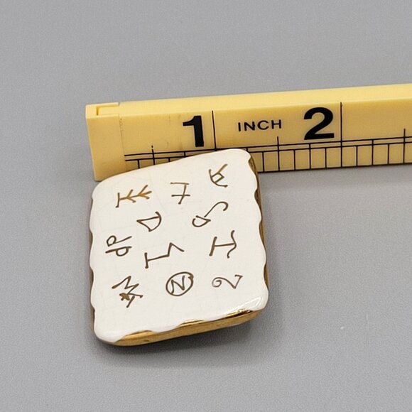 Vintage Ceramic Enamel Brooch With Ancient Symbol Design & Gold Tone Trim - Picture 7 of 7